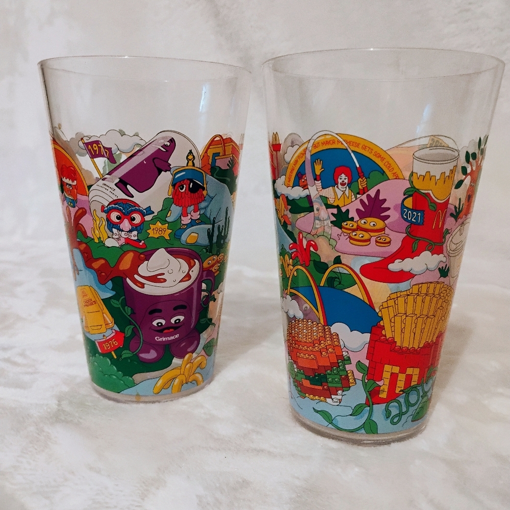 2 McDonald’s Adult Happy Meal Grimace Collectors Edition Cup Lot Fry Guy Plastic